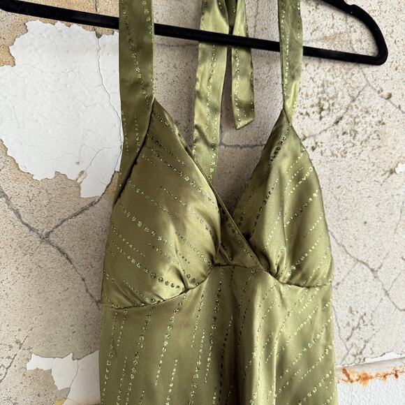 Y2K Babydoll Halter Top Olive Green Satin Swing Tank Fairycore Coquette Womens S - Picture 2 of 7